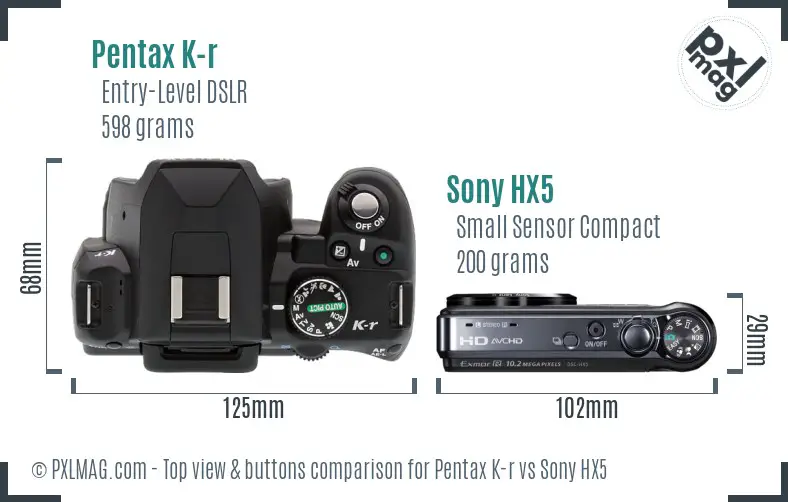 Pentax K-r vs Sony HX5 top view buttons comparison