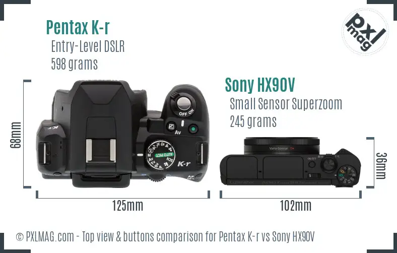 Pentax K-r vs Sony HX90V top view buttons comparison Pentax K-r vs Sony HX90V top view buttons comparison