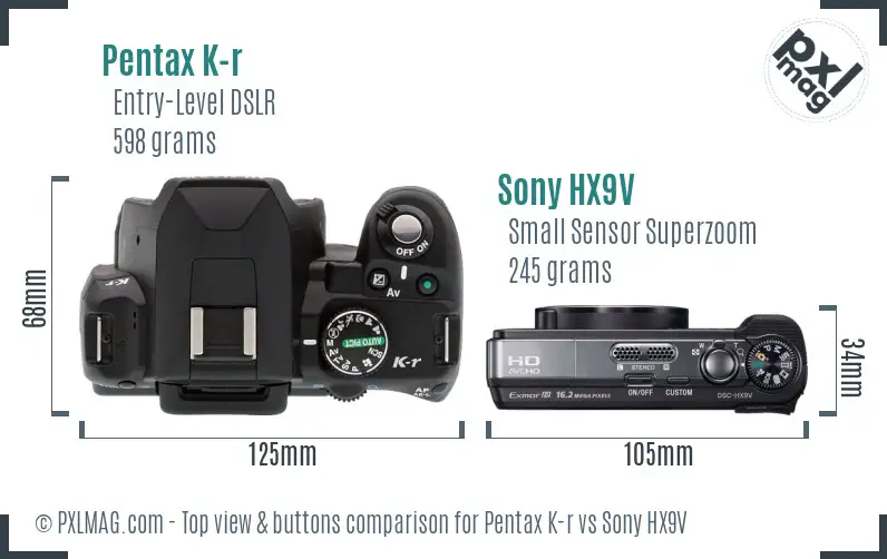 Pentax K-r vs Sony HX9V top view buttons comparison