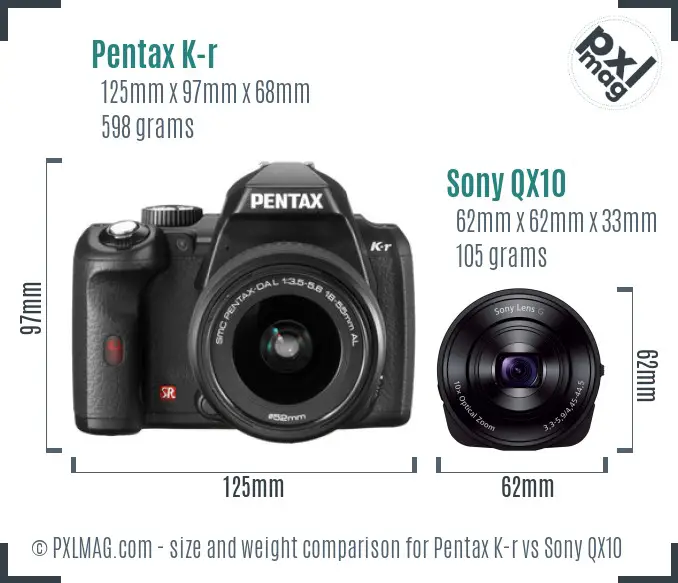 Pentax K-r vs Sony QX10 size comparison