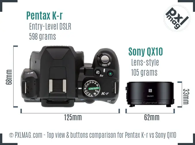 Pentax K-r vs Sony QX10 top view buttons comparison