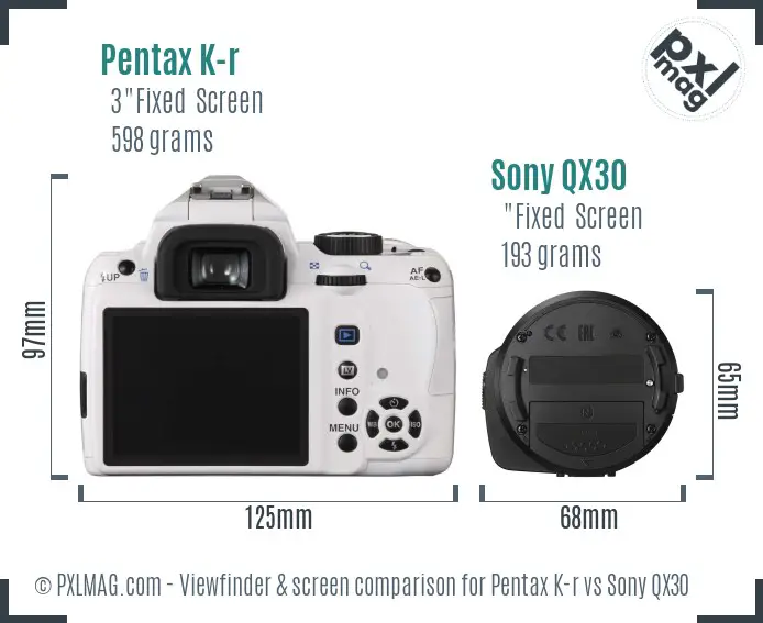 Pentax K-r vs Sony QX30 Screen and Viewfinder comparison