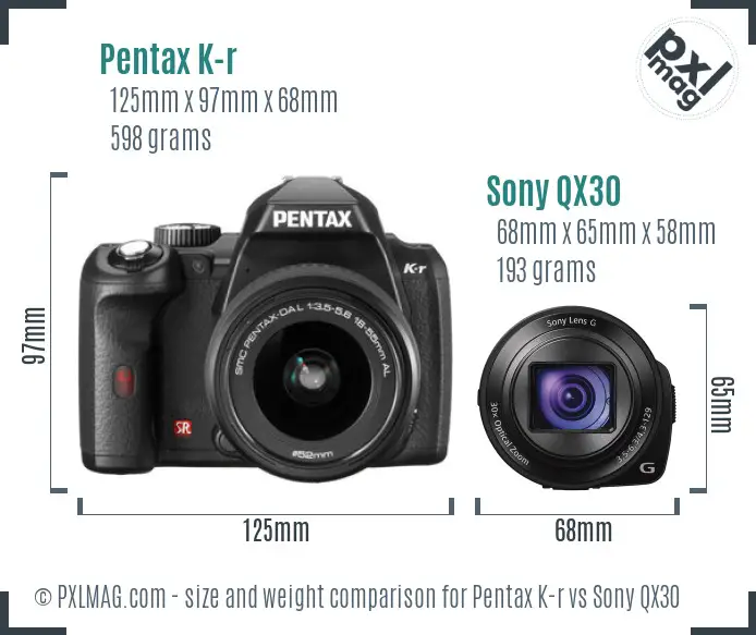 Pentax K-r vs Sony QX30 size comparison