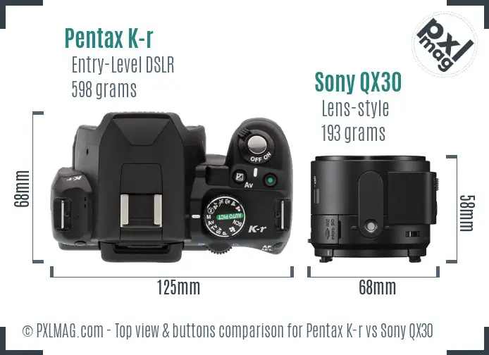 Pentax K-r vs Sony QX30 top view buttons comparison