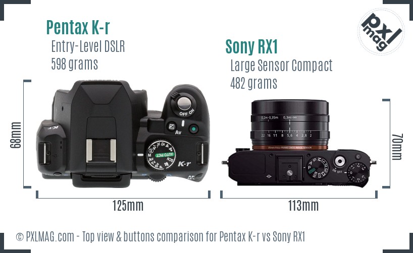 Pentax K-r vs Sony RX1 top view buttons comparison