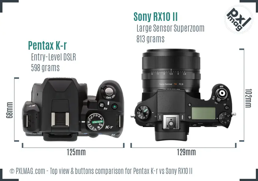 Pentax K-r vs Sony RX10 II top view buttons comparison Pentax K-r vs Sony RX10 II top view buttons comparison