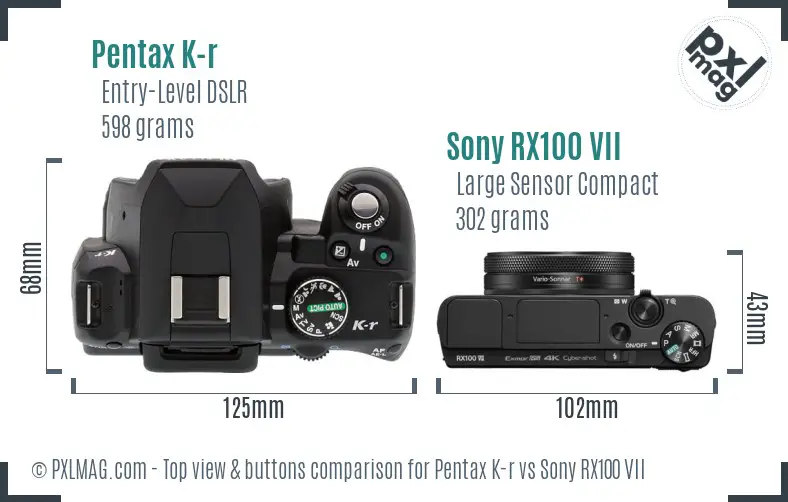 Pentax K-r vs Sony RX100 VII top view buttons comparison