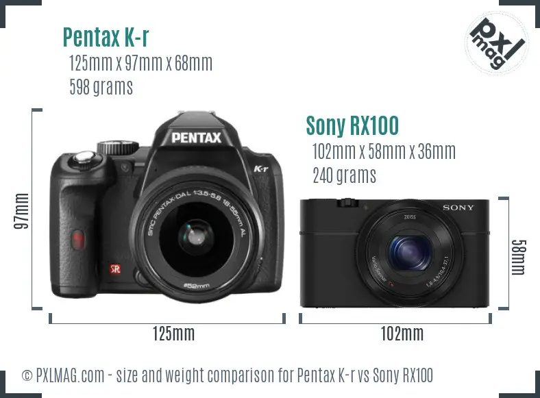 Pentax K-r vs Sony RX100 size comparison