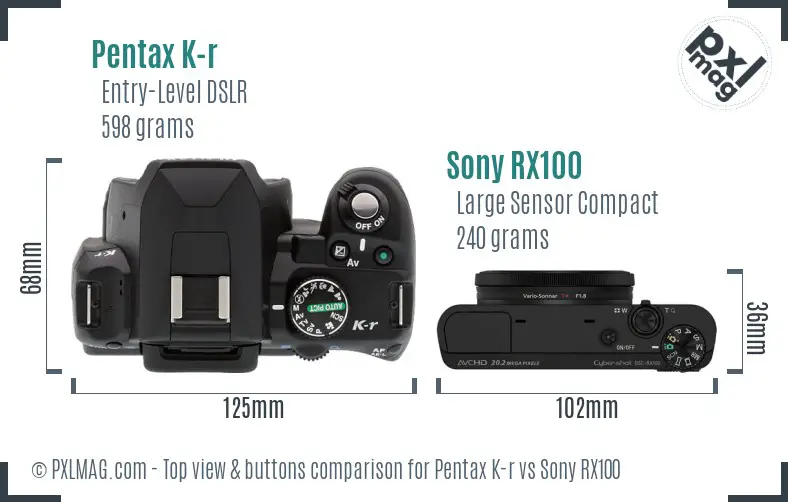 Pentax K-r vs Sony RX100 top view buttons comparison
