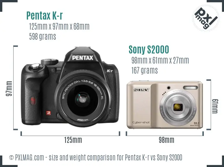 Pentax K-r vs Sony S2000 size comparison Pentax K-r vs Sony S2000 size comparison