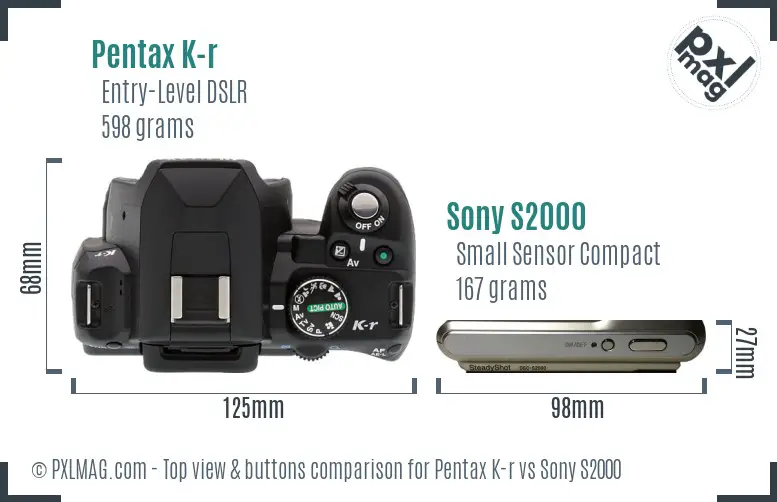 Pentax K-r vs Sony S2000 top view buttons comparison Pentax K-r vs Sony S2000 top view buttons comparison
