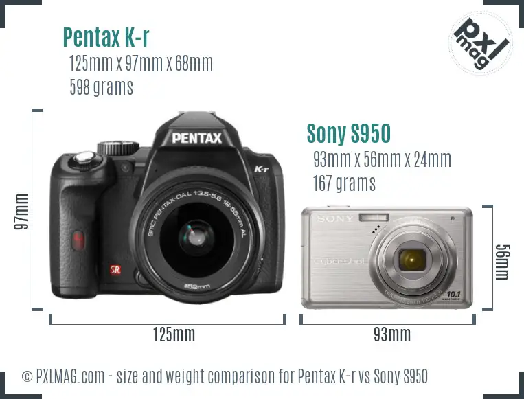 Pentax K-r vs Sony S950 size comparison