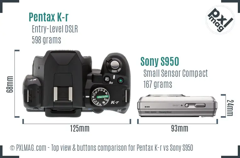Pentax K-r vs Sony S950 top view buttons comparison
