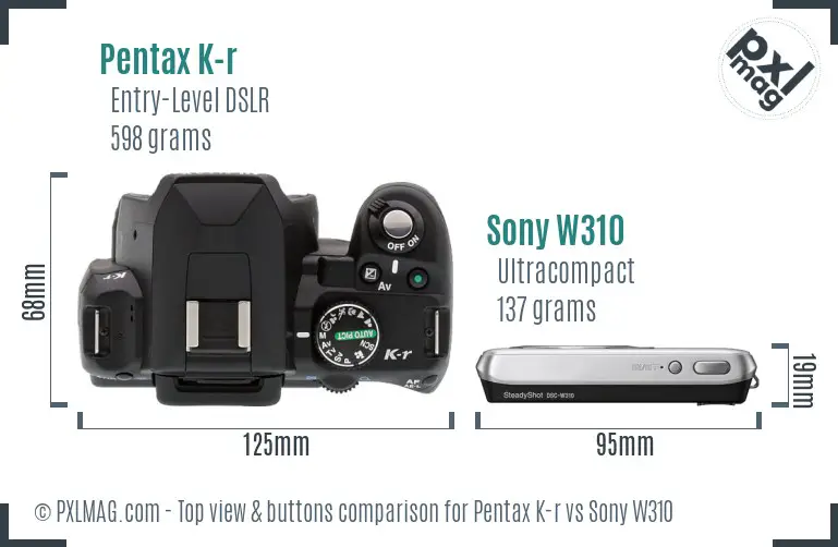 Pentax K-r vs Sony W310 top view buttons comparison