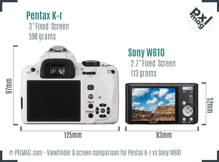 Pentax K-r vs Sony W610 Screen and Viewfinder comparison