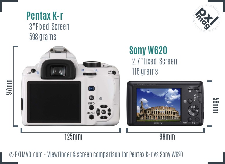 Pentax K-r vs Sony W620 Screen and Viewfinder comparison