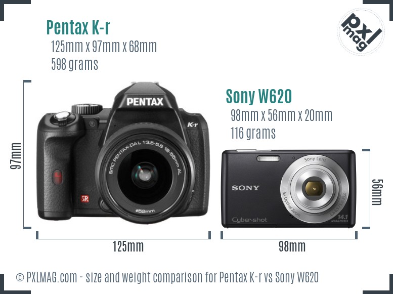Pentax K-r vs Sony W620 size comparison