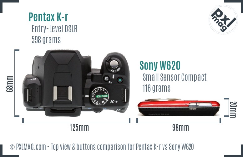Pentax K-r vs Sony W620 top view buttons comparison