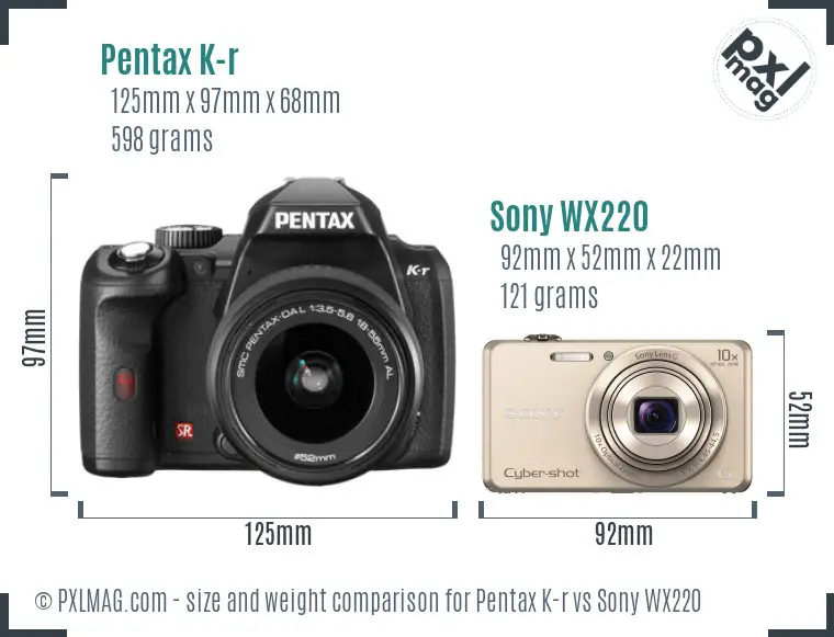 Pentax K-r vs Sony WX220 size comparison