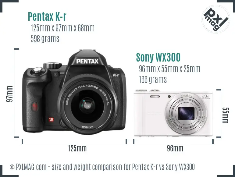 Pentax K-r vs Sony WX300 size comparison