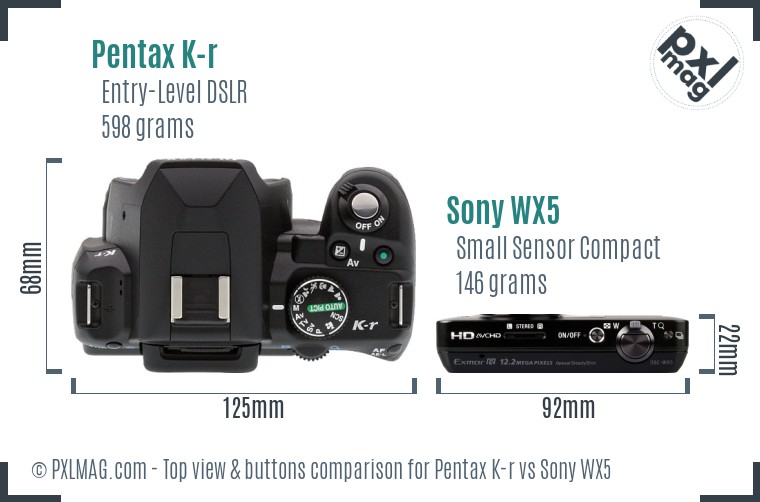 Pentax K-r vs Sony WX5 top view buttons comparison