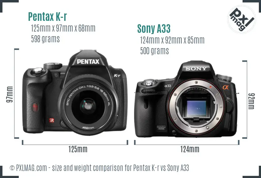 Pentax K-r vs Sony A33 size comparison