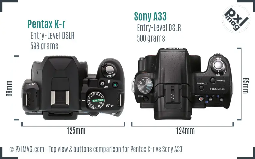 Pentax K-r vs Sony A33 top view buttons comparison