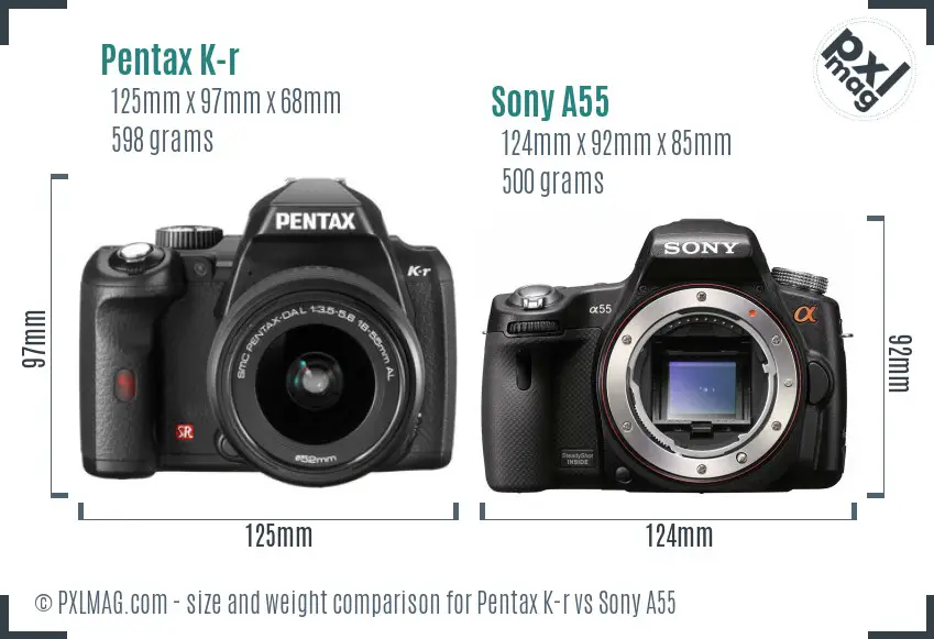 Pentax K-r vs Sony A55 size comparison