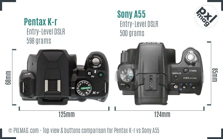 Pentax K-r vs Sony A55 top view buttons comparison