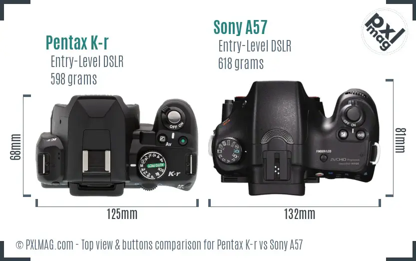 Pentax K-r vs Sony A57 top view buttons comparison