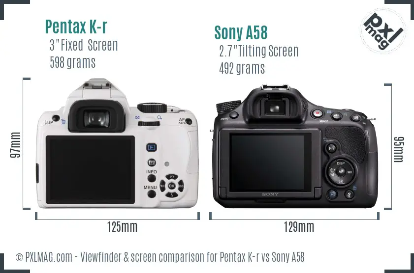 Pentax K-r vs Sony A58 Screen and Viewfinder comparison