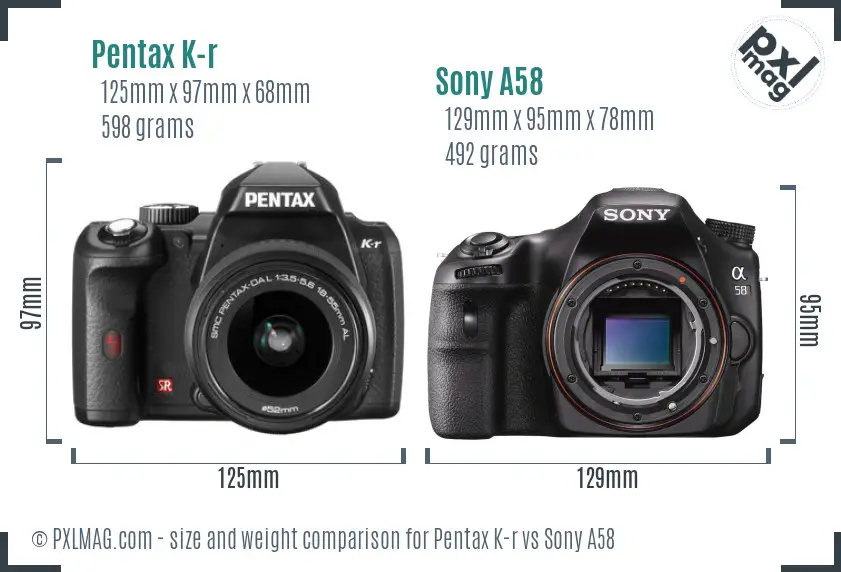 Pentax K-r vs Sony A58 size comparison