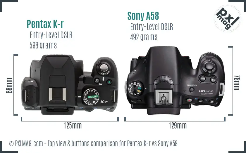 Pentax K-r vs Sony A58 top view buttons comparison