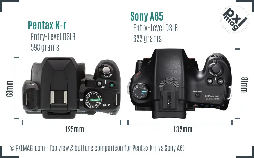 Pentax K-r vs Sony A65 top view buttons comparison