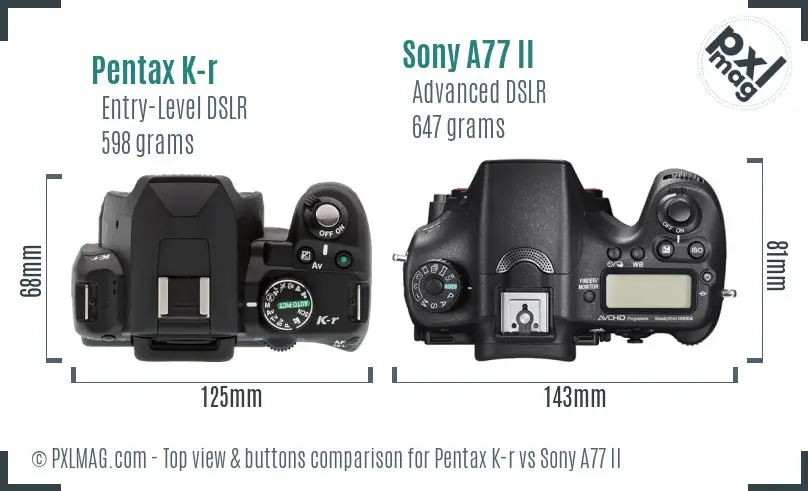 Pentax K-r vs Sony A77 II top view buttons comparison
