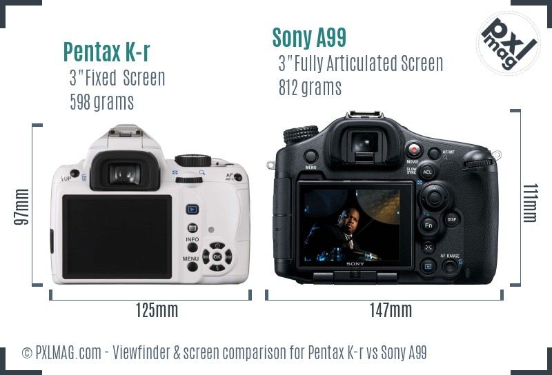 Pentax K-r vs Sony A99 Screen and Viewfinder comparison