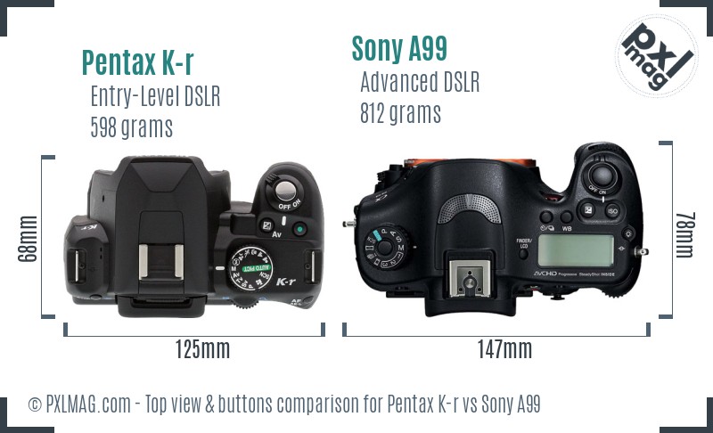 Pentax K-r vs Sony A99 top view buttons comparison