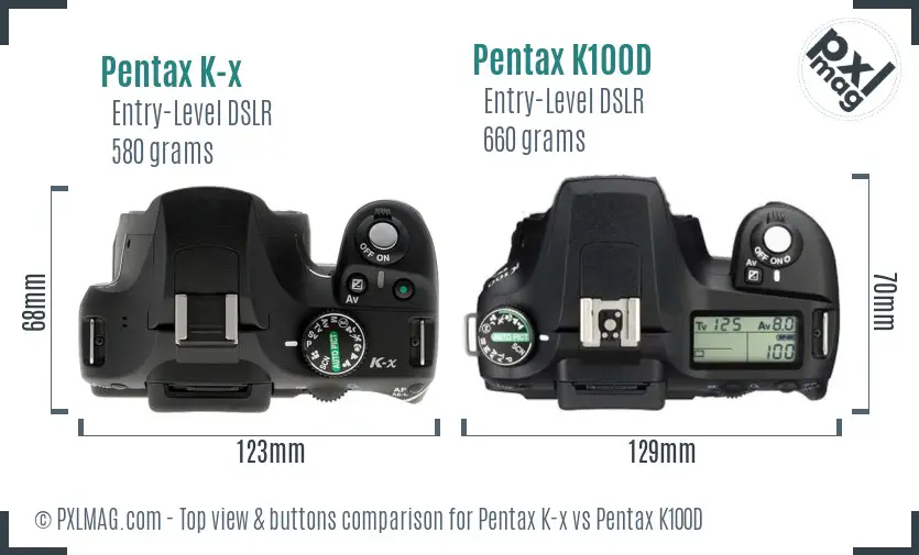 Pentax K-x vs Pentax K100D top view buttons comparison