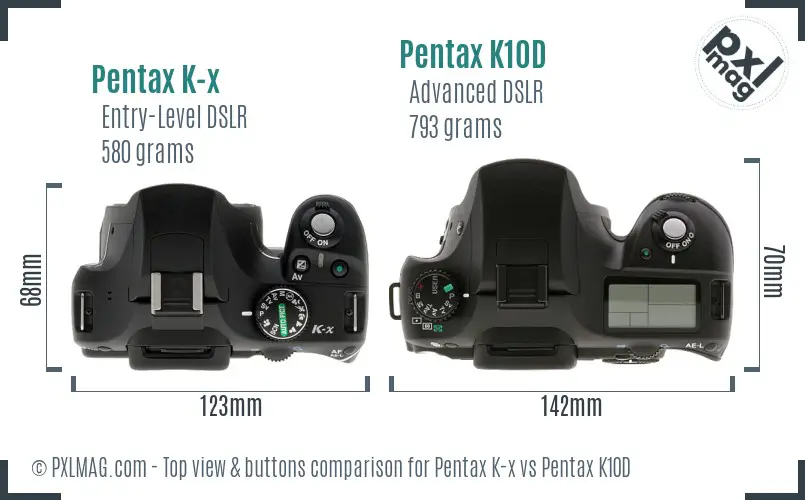 Pentax K-x vs Pentax K10D top view buttons comparison