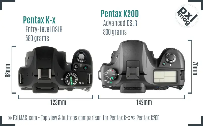 Pentax K-x vs Pentax K20D top view buttons comparison