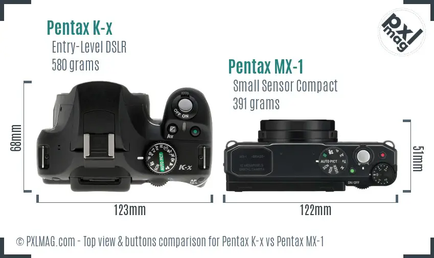 Pentax K-x vs Pentax MX-1 top view buttons comparison