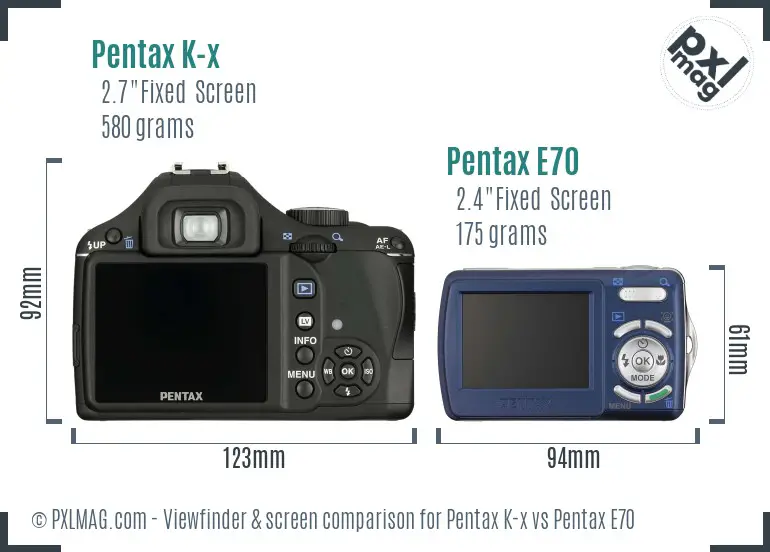 Pentax K-x vs Pentax E70 Screen and Viewfinder comparison