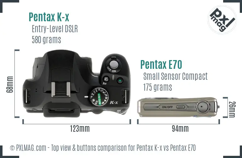 Pentax K-x vs Pentax E70 top view buttons comparison