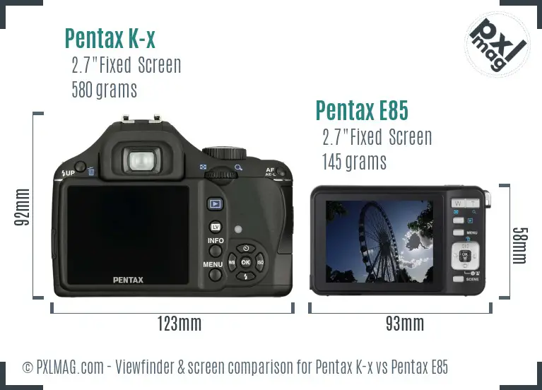 Pentax K-x vs Pentax E85 Screen and Viewfinder comparison