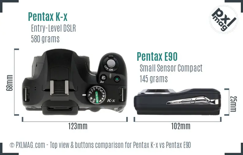 Pentax K-x vs Pentax E90 top view buttons comparison