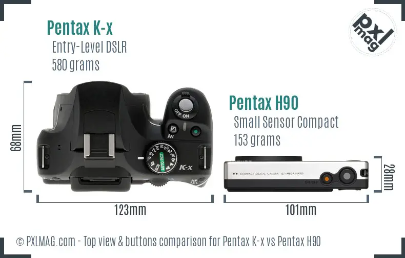 Pentax K-x vs Pentax H90 top view buttons comparison