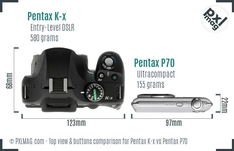 Pentax K-x vs Pentax P70 top view buttons comparison