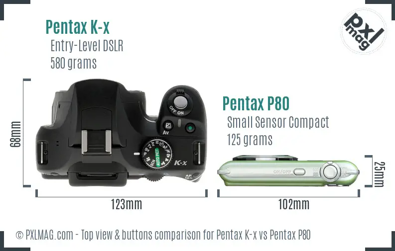Pentax K-x vs Pentax P80 top view buttons comparison