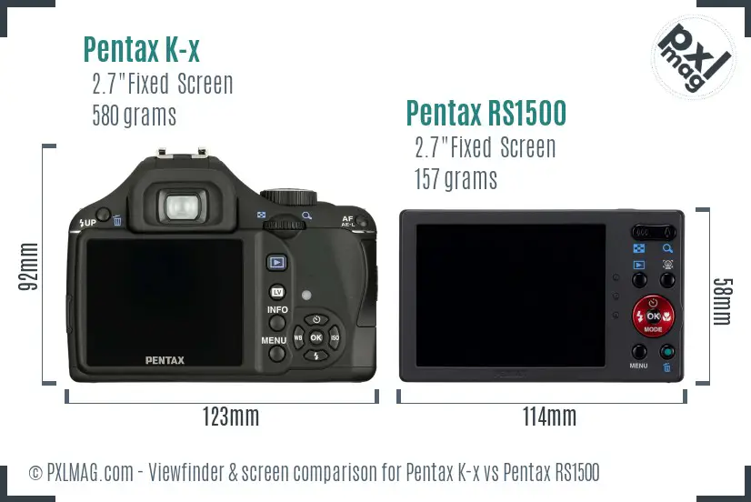 Pentax K-x vs Pentax RS1500 Screen and Viewfinder comparison