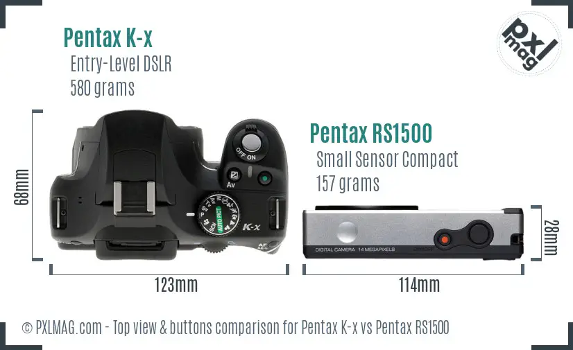 Pentax K-x vs Pentax RS1500 top view buttons comparison